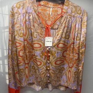 Free People Paisley Blouse - Purple, Orange, Cream